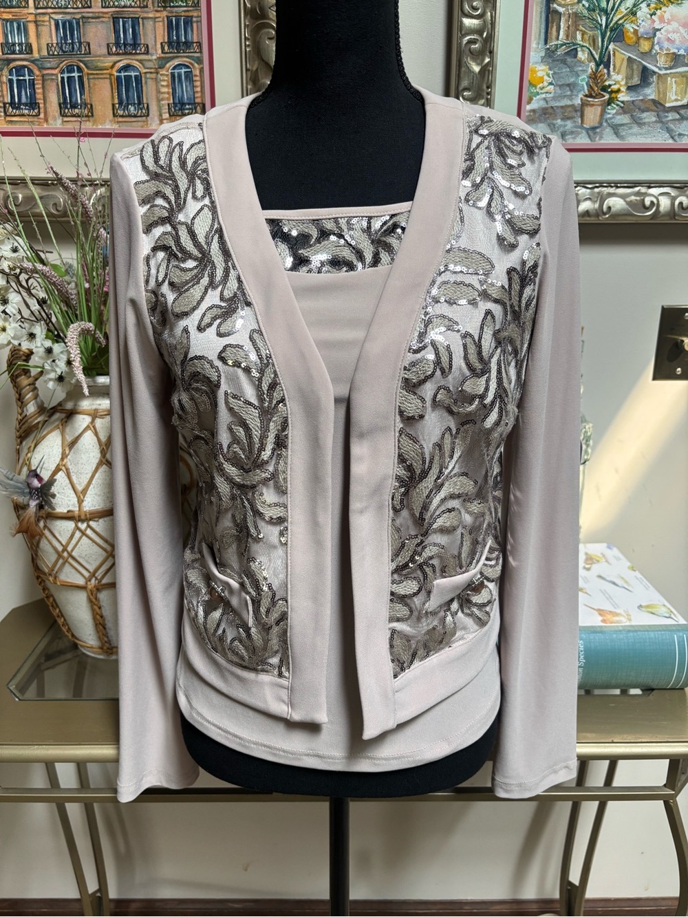 Joseph Ribkoff Taupe Sequin Embroidered Lace 2 Piece Cropped Jacket & Top Sz 8